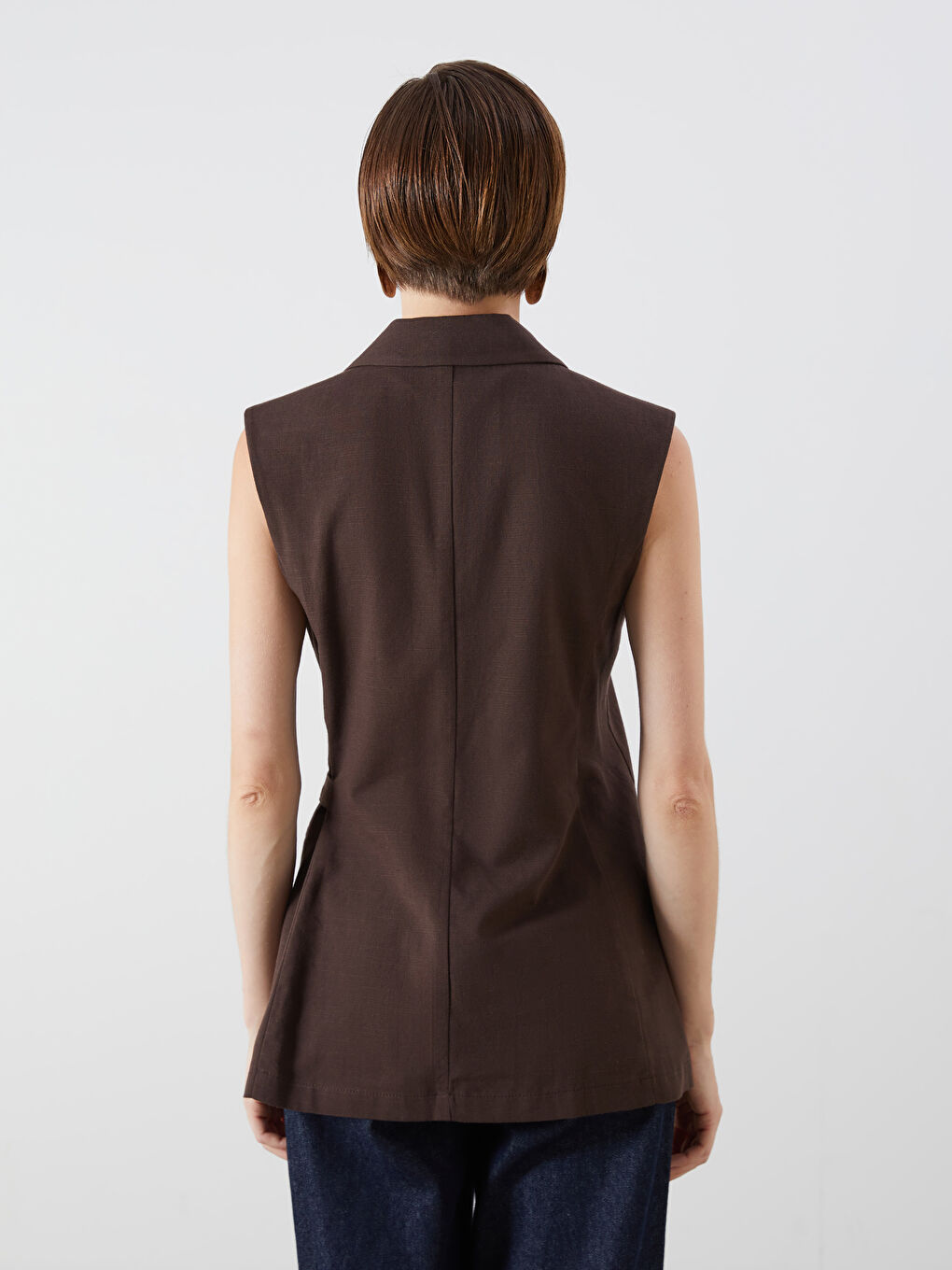 Kahverengi Kruvaze Yaka Keten Karışımlı Kadın Klasik Yelek-3
