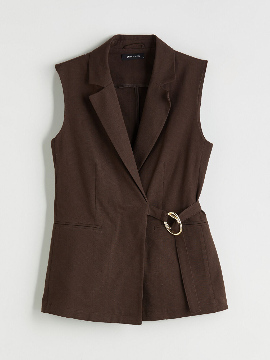 Kahverengi Kruvaze Yaka Keten Karışımlı Kadın Klasik Yelek-4