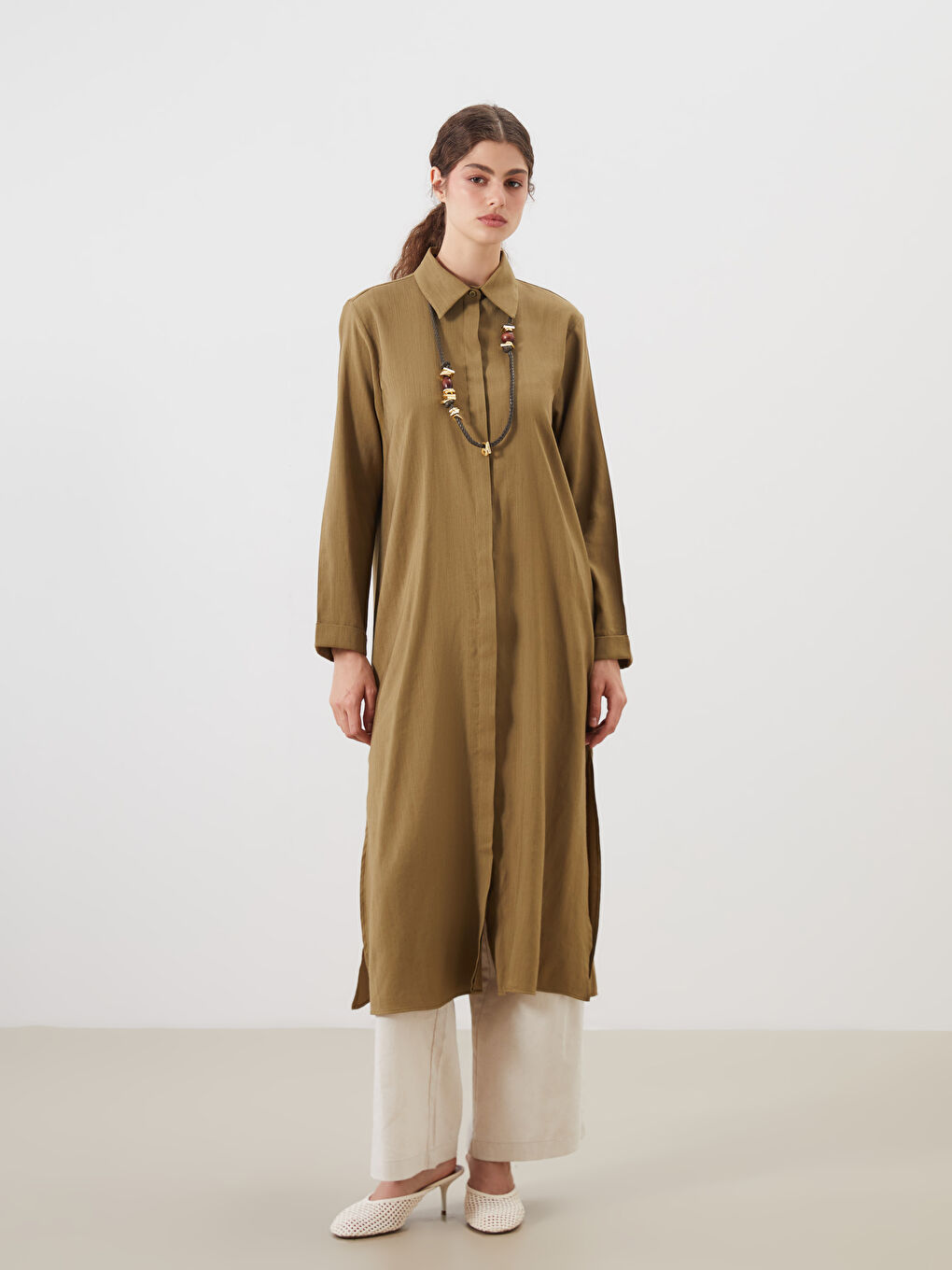 Haki Keten Karışımlı Kadın Gömlek Tunik