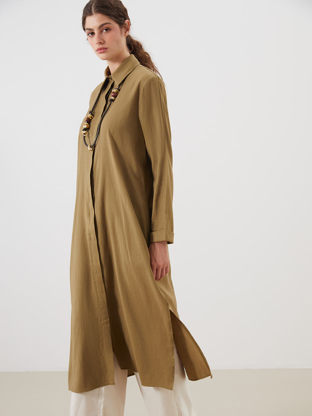Haki Keten Karışımlı Kadın Gömlek Tunik-1