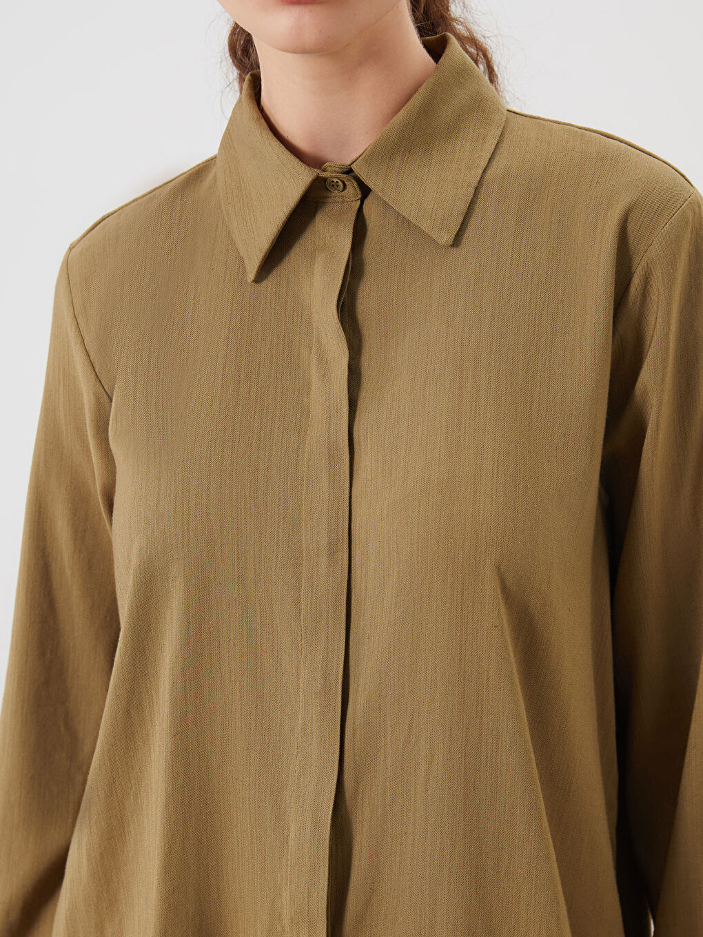 Haki Keten Karışımlı Kadın Gömlek Tunik-2