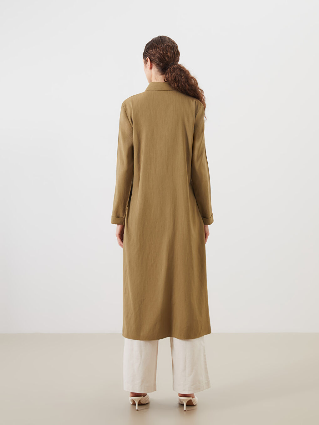 Haki Keten Karışımlı Kadın Gömlek Tunik-3