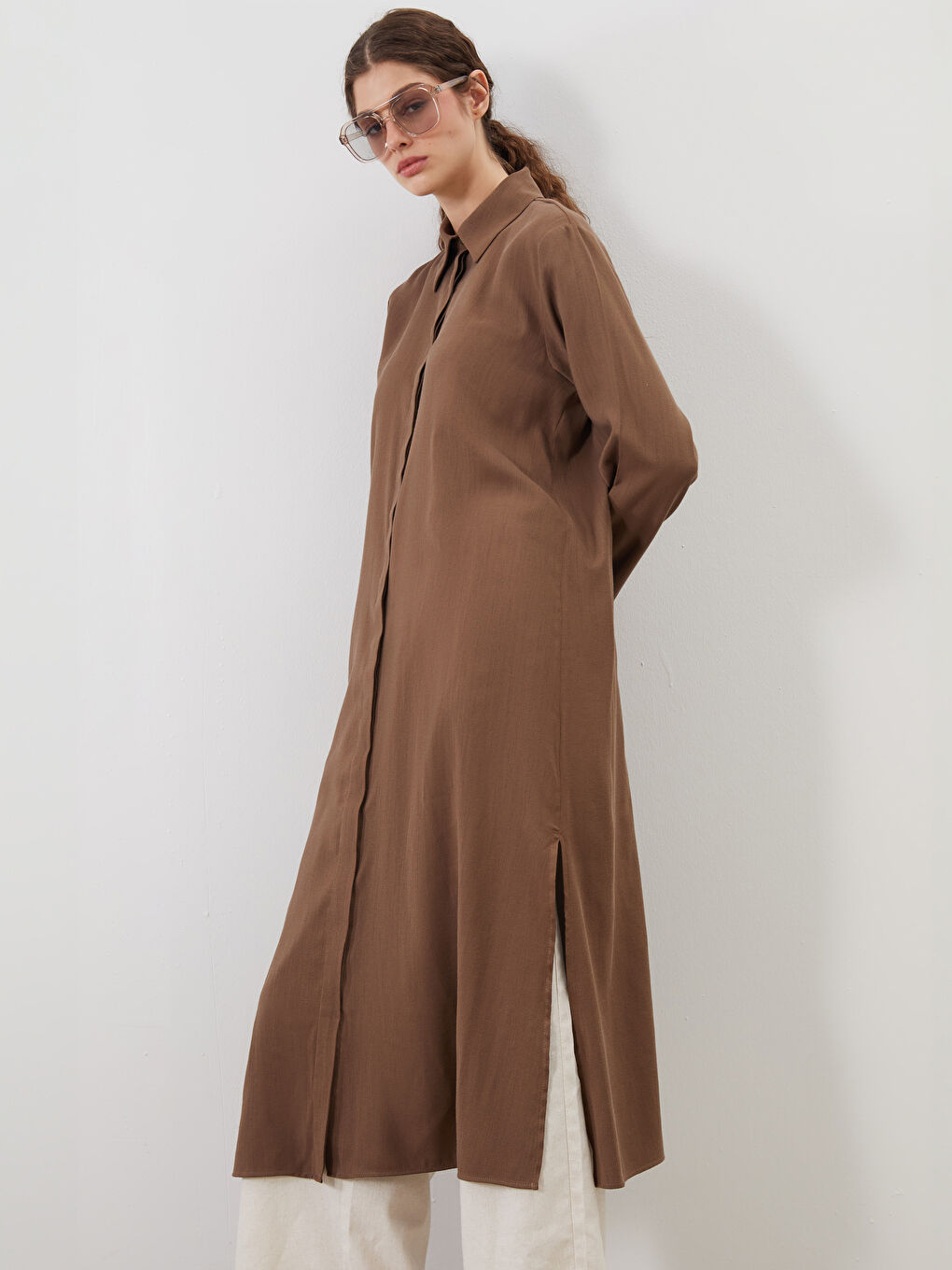 Kahverengi Keten Karışımlı Kadın Gömlek Tunik-1