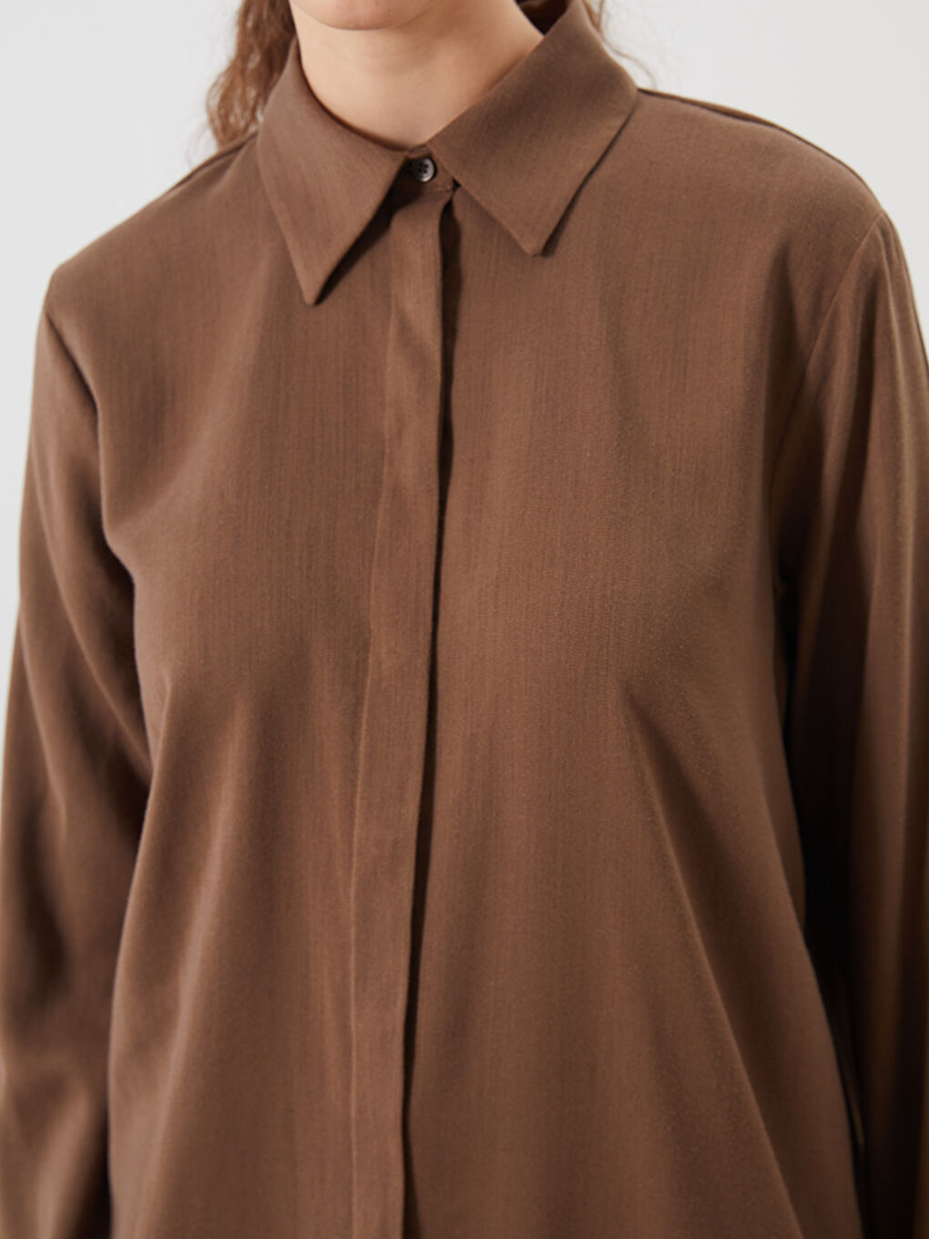 Kahverengi Keten Karışımlı Kadın Gömlek Tunik-2