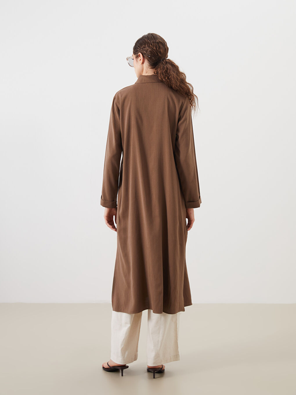 Kahverengi Keten Karışımlı Kadın Gömlek Tunik-3