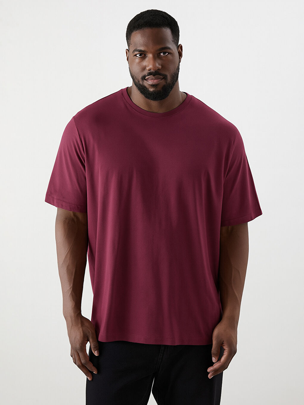 Bordo Büyük Beden Bisiklet Yaka %100 Pamuk Erkek Tişört