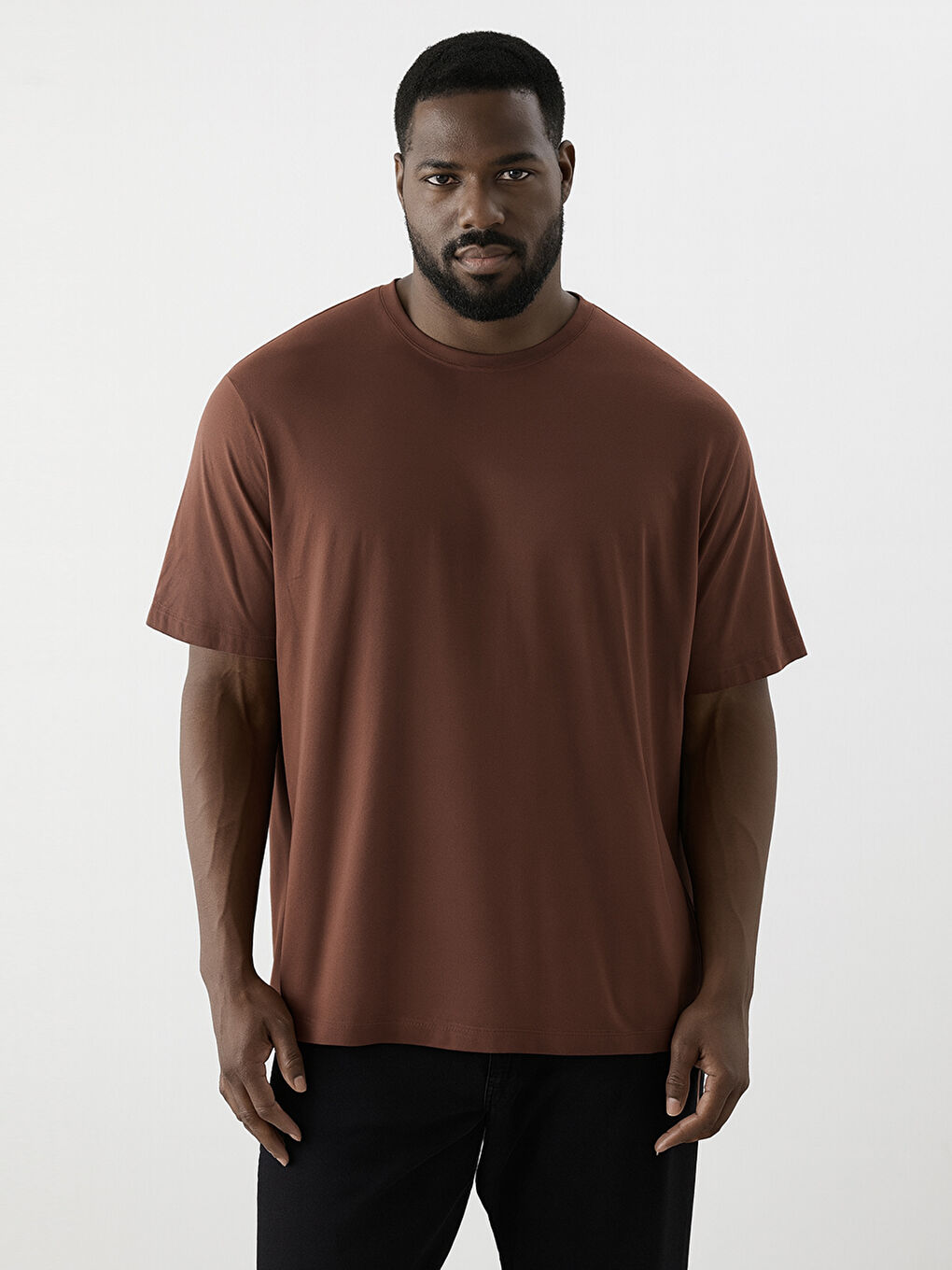 Kahverengi Büyük Beden Bisiklet Yaka %100 Pamuk Erkek Tişört