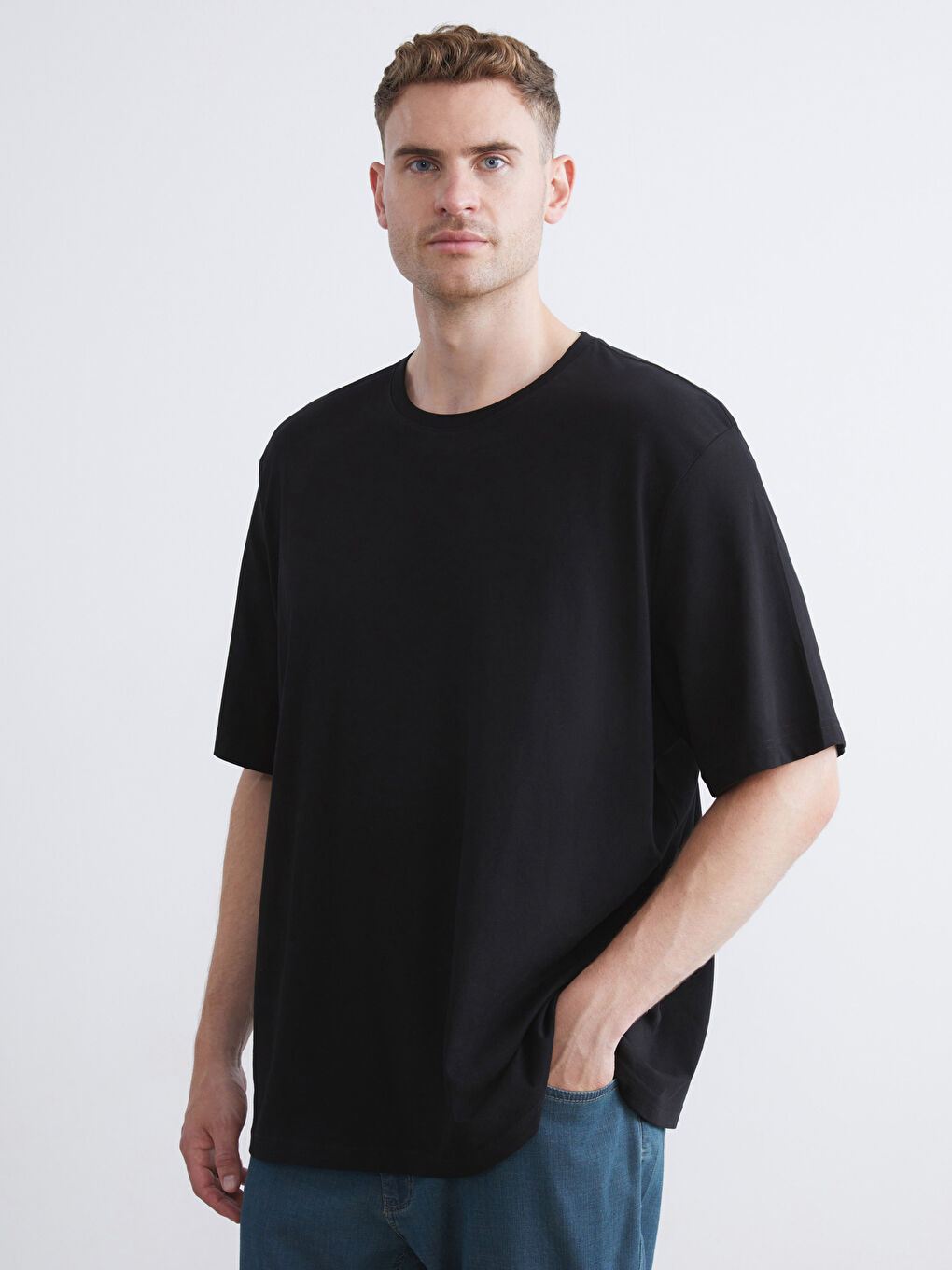 Siyah Büyük Beden Bisiklet Yaka %100 Pamuk Erkek Tişört-1