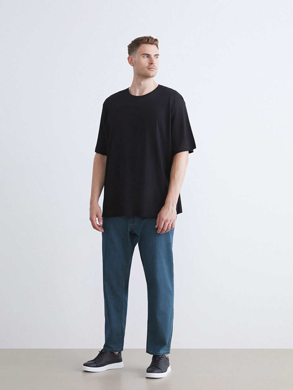 Siyah Büyük Beden Bisiklet Yaka %100 Pamuk Erkek Tişört-2