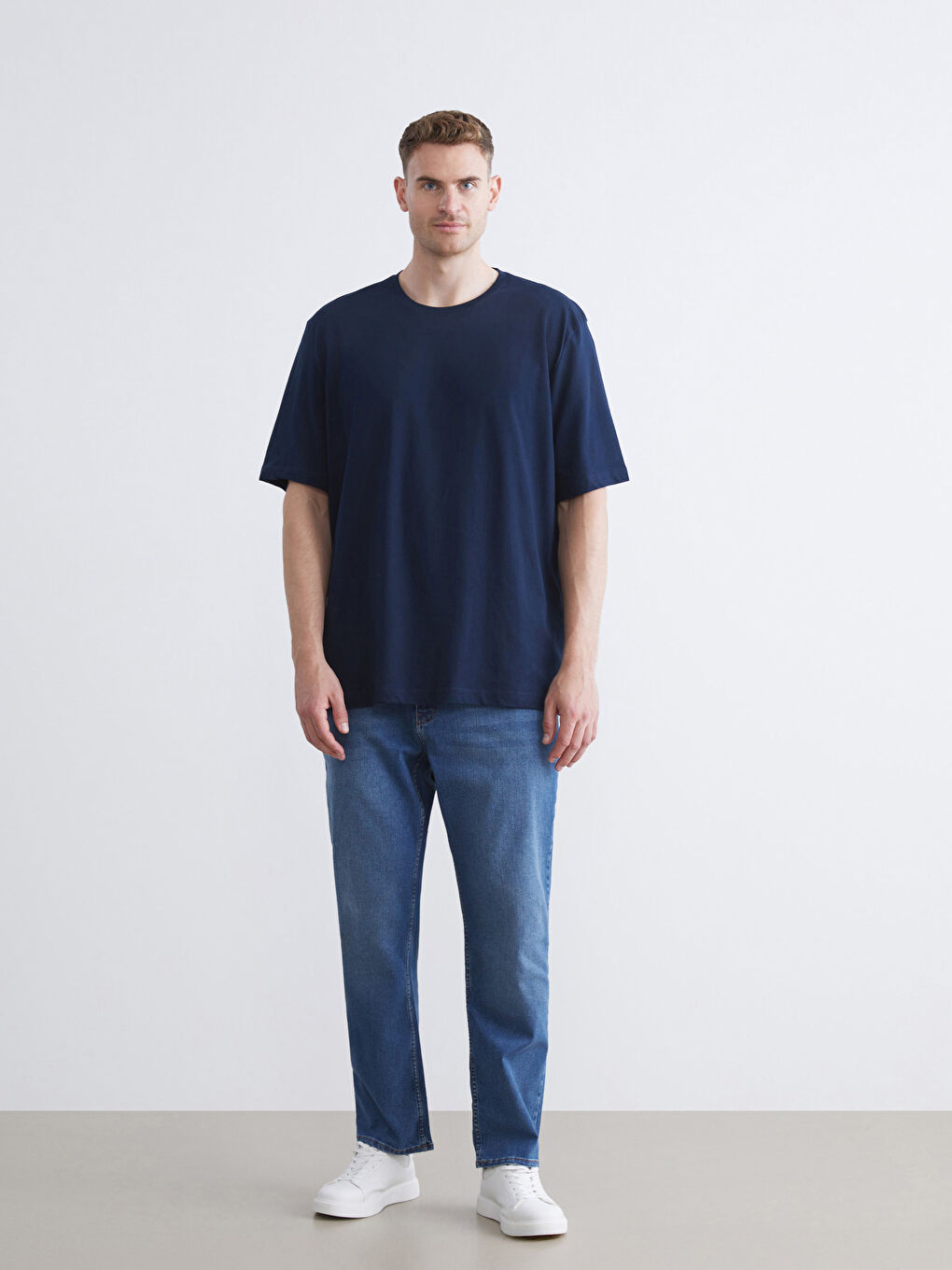 Lacivert Büyük Beden Bisiklet Yaka %100 Pamuk Erkek Tişört-2