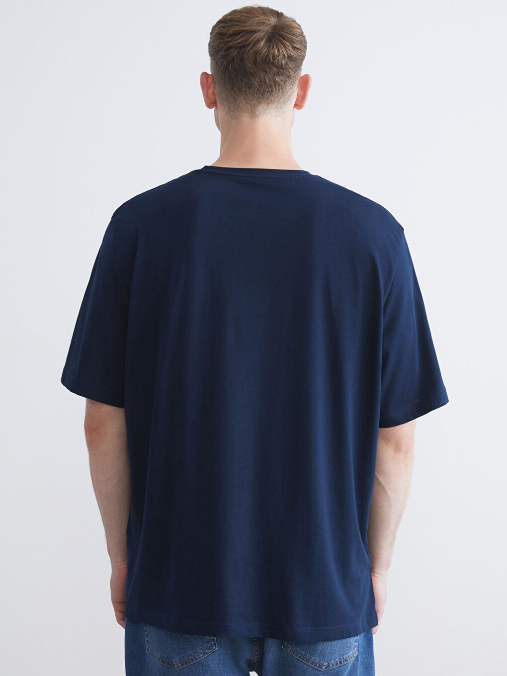 Lacivert Büyük Beden Bisiklet Yaka %100 Pamuk Erkek Tişört-6