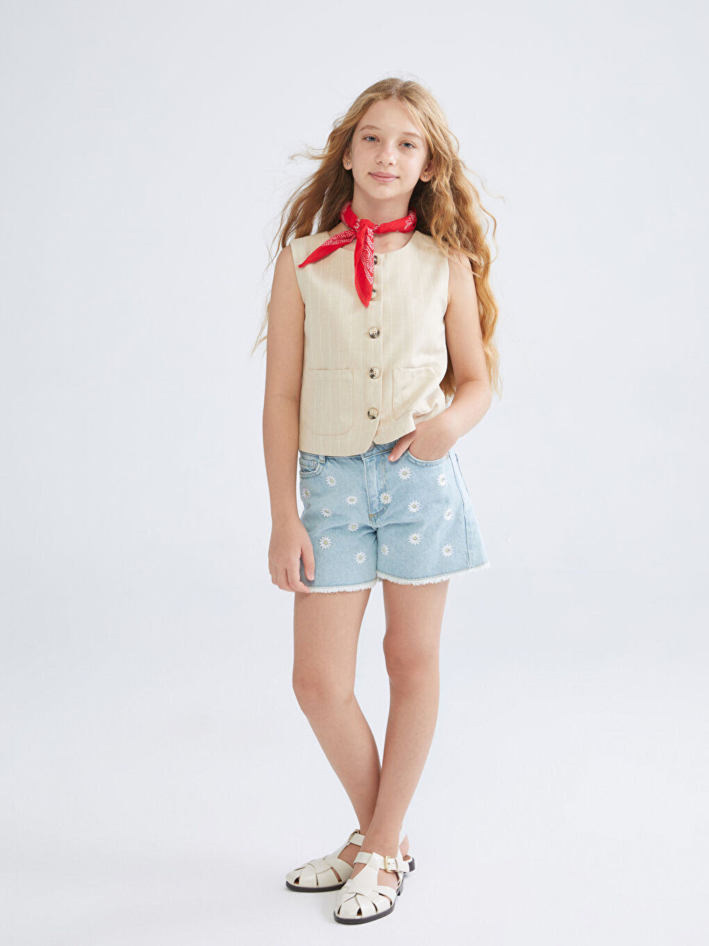 İndigo Çiçekli Kız Çocuk Jean Şort-2