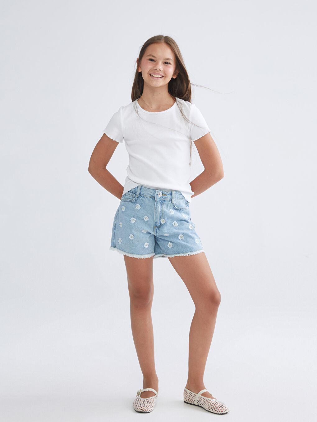 İndigo Çiçekli Kız Çocuk Jean Şort-1