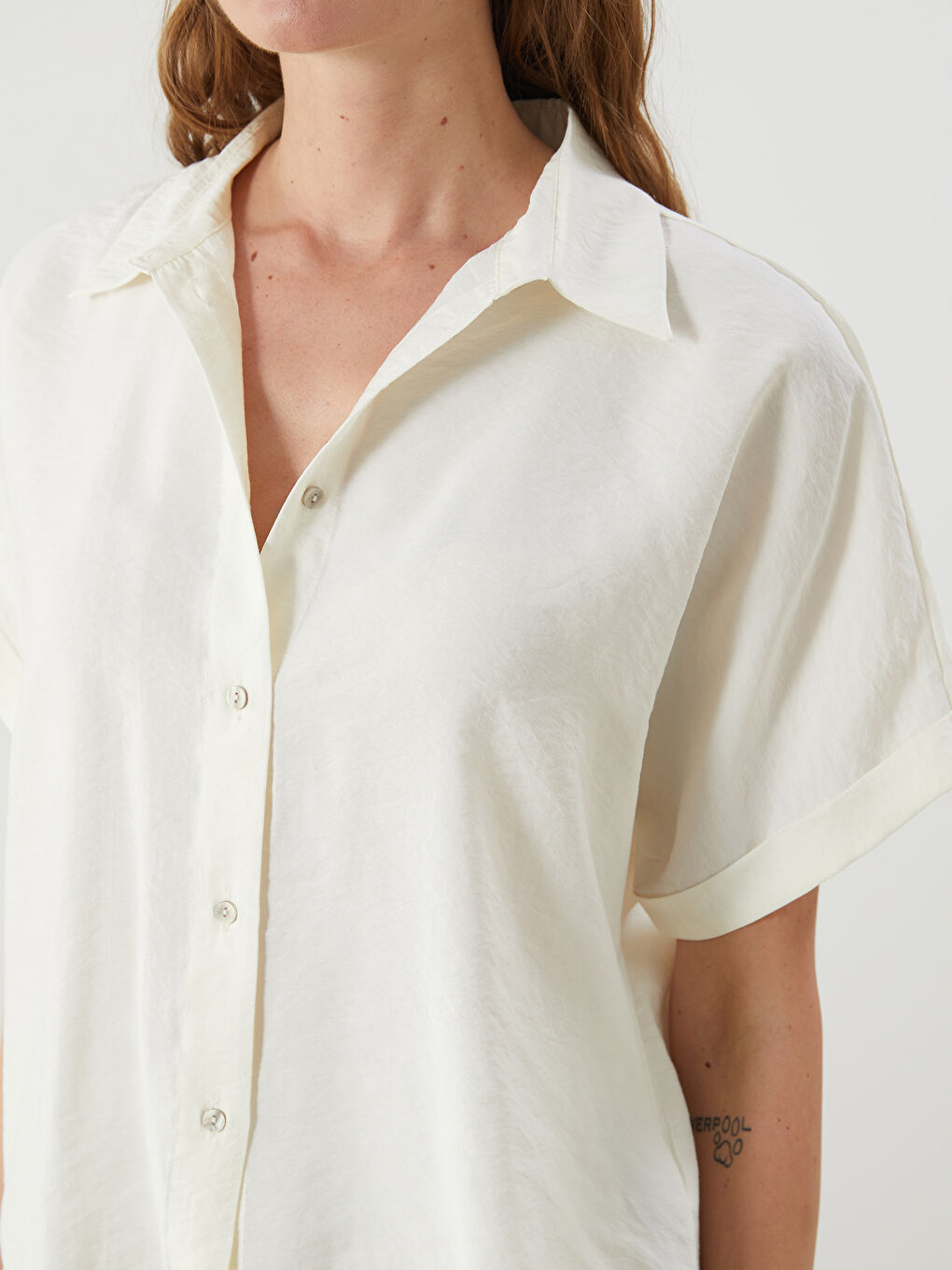 Ekru Oversize Modal Karışımlı Kadın Gömlek-2