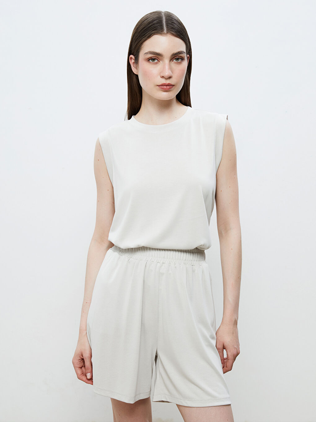 Bej Bisiklet Yaka Modal Karışımlı Kadın Atlet