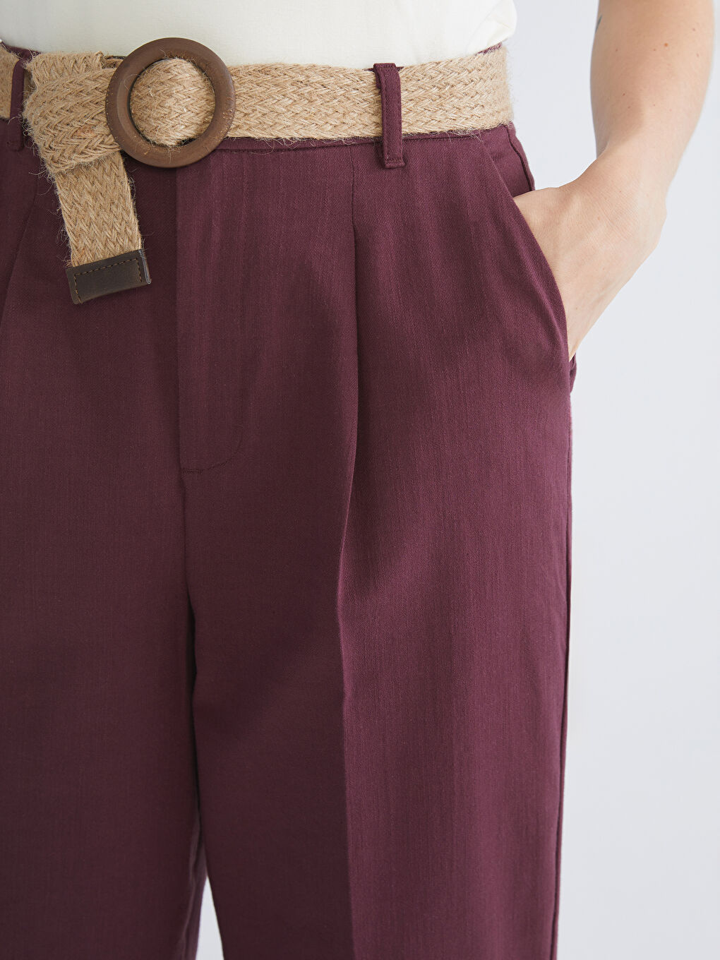 Mürdüm Beli Kemerli Havuç Kesim Kadın Pileli Pantolon-1