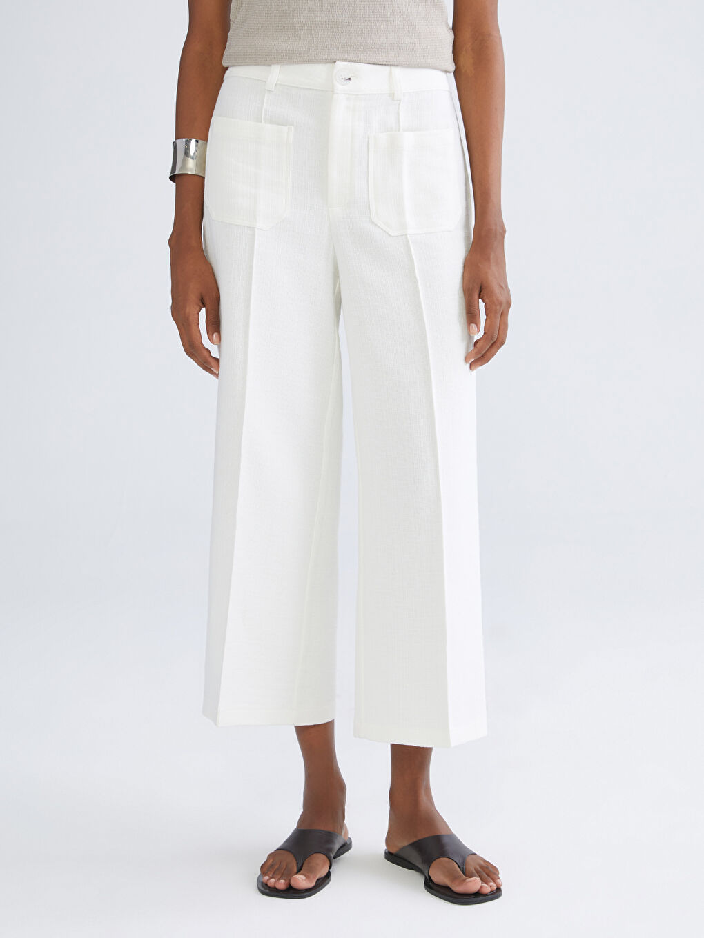 Ekru Dar Fit Geniş Paça Kadın Pantolon-3