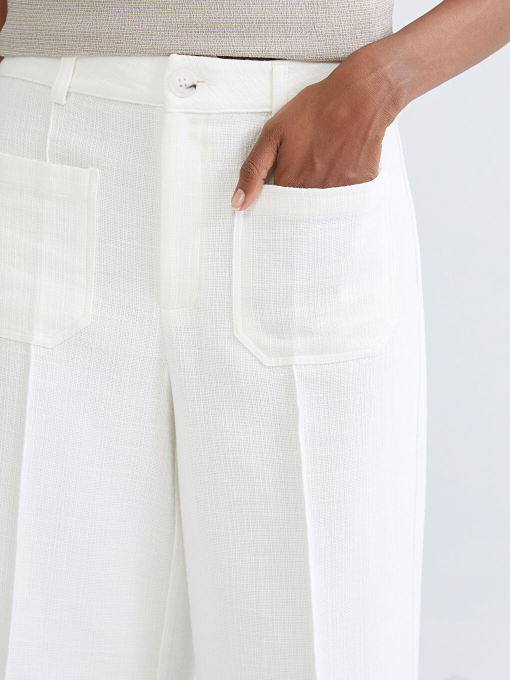 Ekru Dar Fit Geniş Paça Kadın Pantolon-5