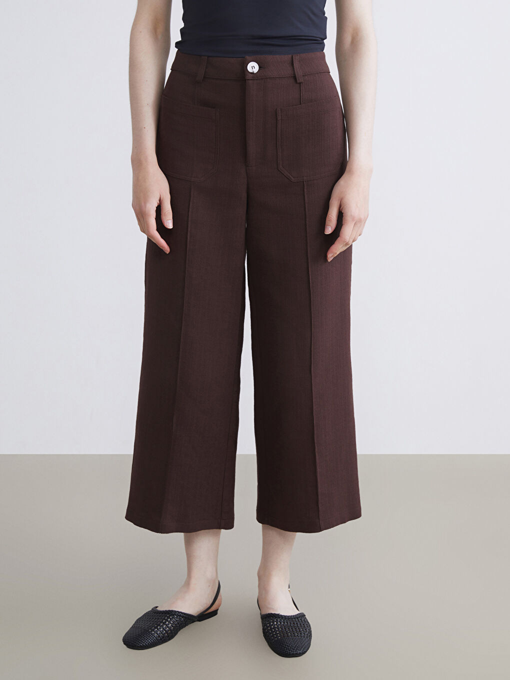 Kahverengi Dar Fit Geniş Paça Kadın Pantolon-1