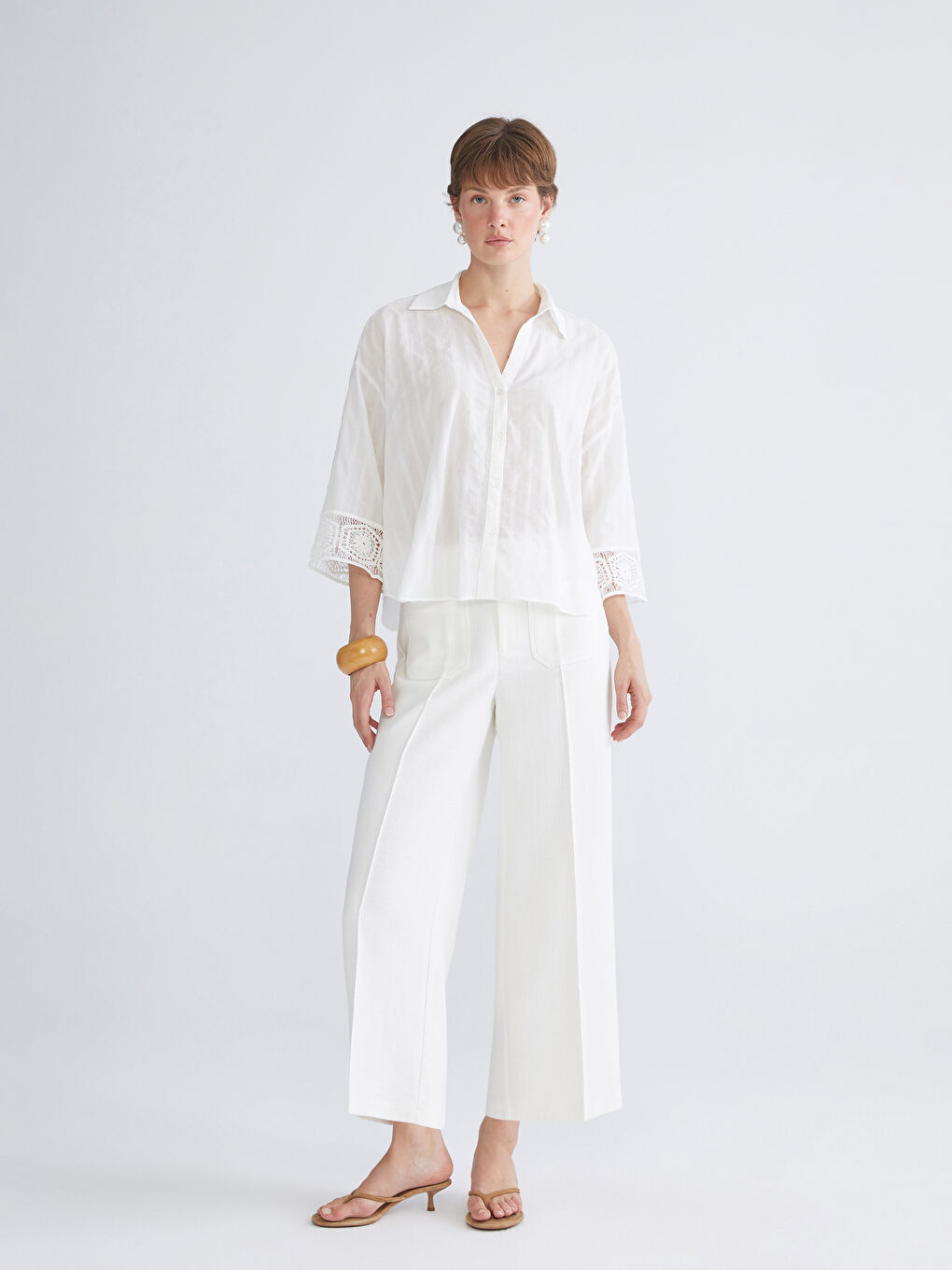 Ekru Dar Fit Geniş Paça Kadın Pantolon-1