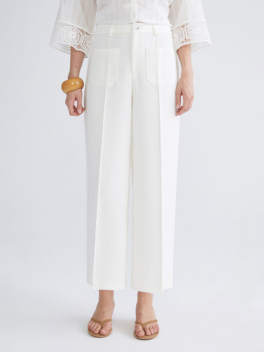 Ekru Dar Fit Geniş Paça Kadın Pantolon-2