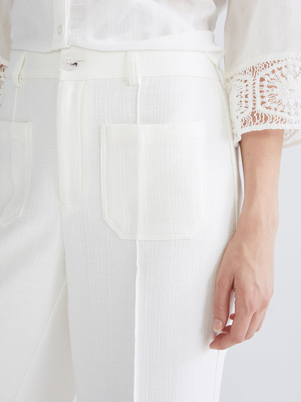 Ekru Dar Fit Geniş Paça Kadın Pantolon-4