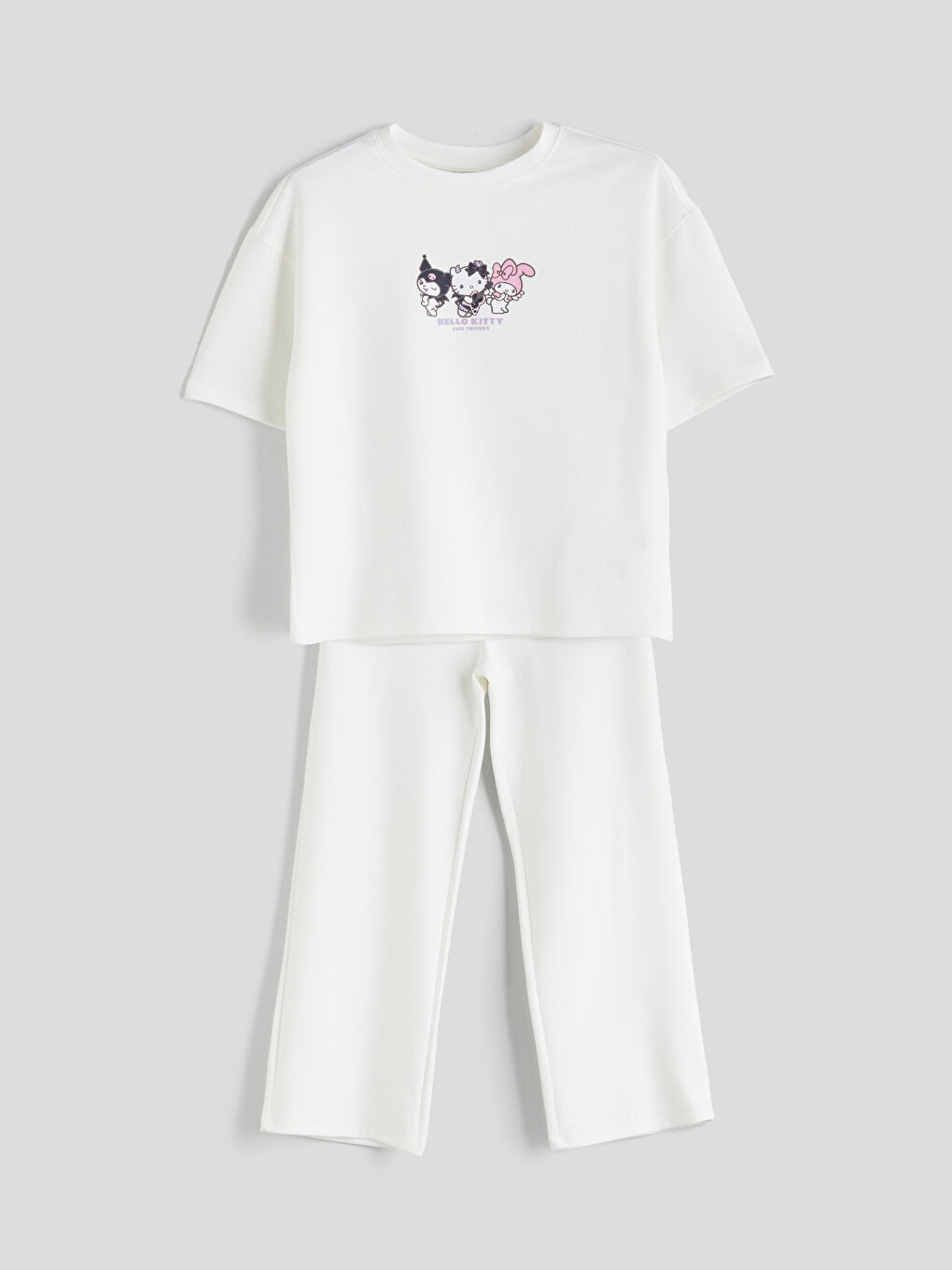Ekru Bisiklet Yaka Hello Kitty Baskılı Kız Çocuk Tişört ve Pantolon