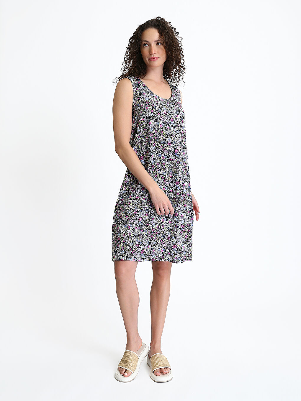 Crew Neck Floral A-Line Women's Dress-2