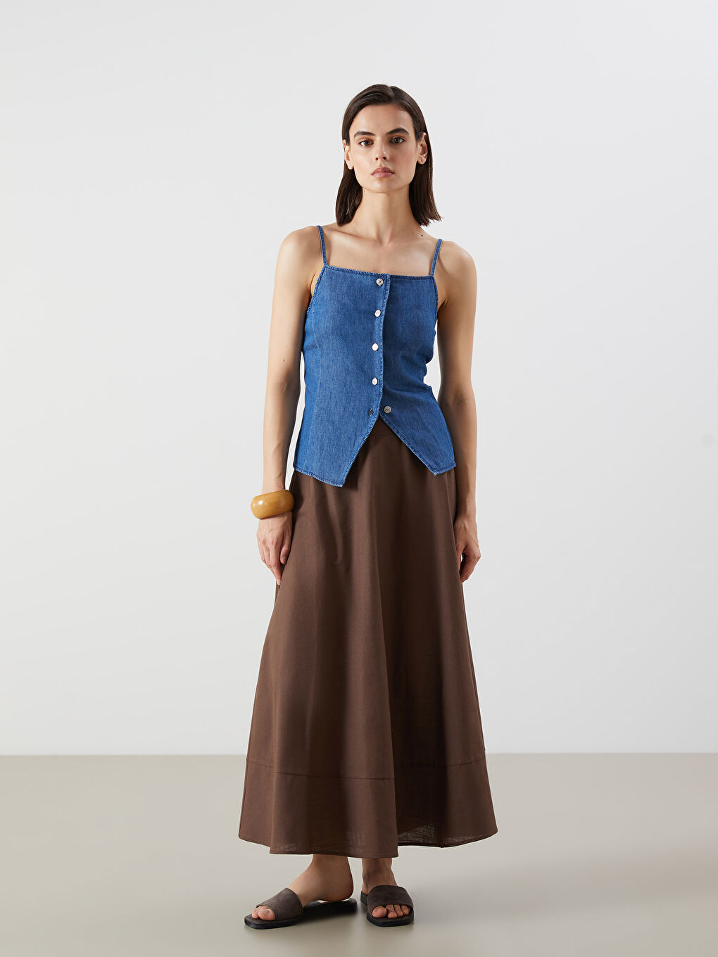 İndigo Kare Yaka Kadın Jean Yelek-1