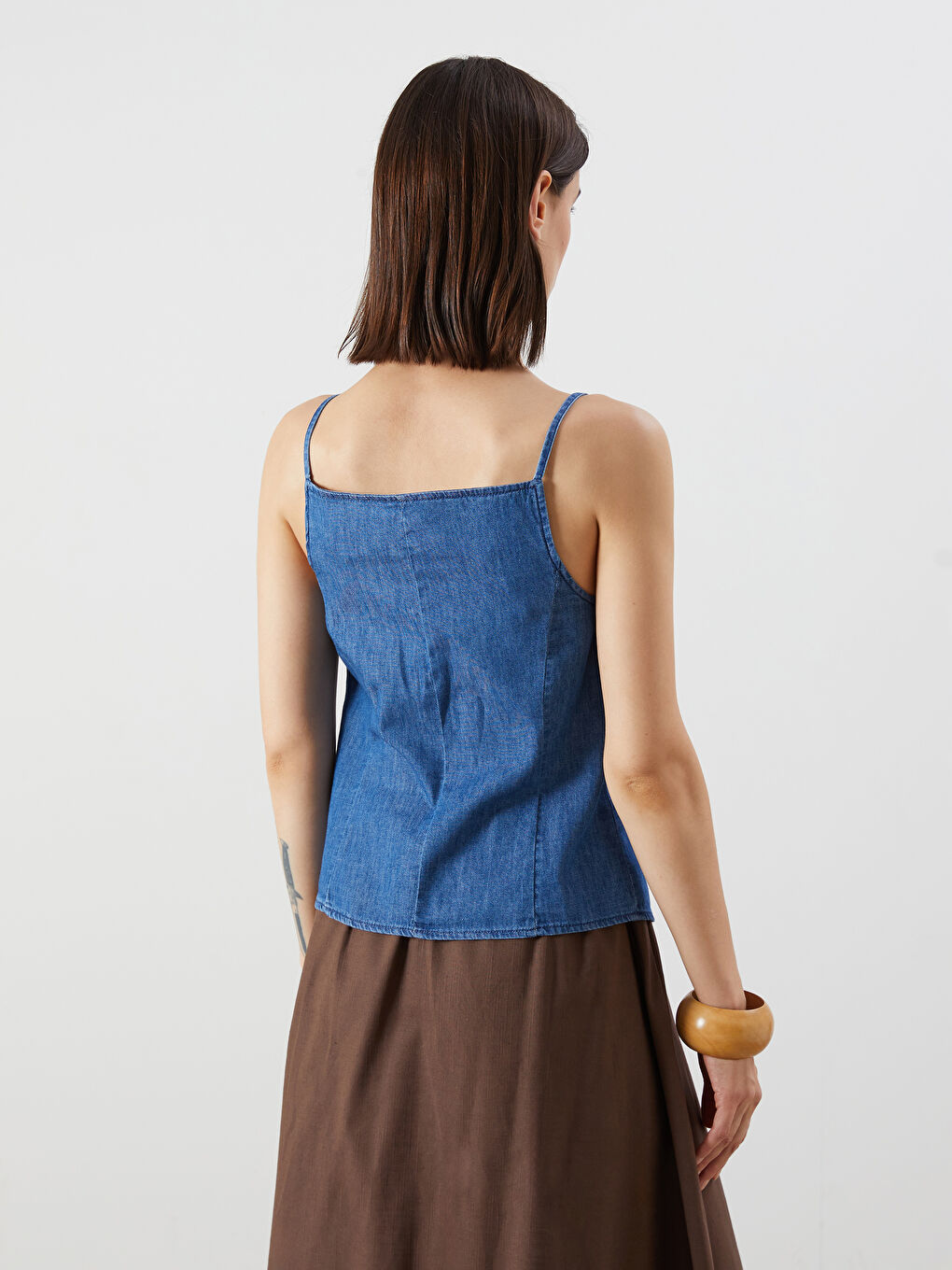 İndigo Kare Yaka Kadın Jean Yelek-3