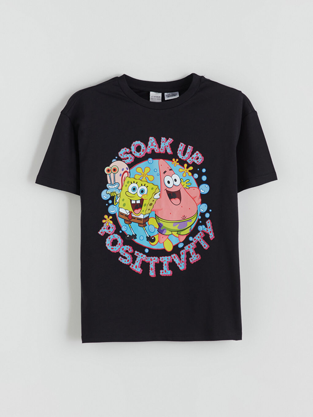 Siyah Bisiklet Yaka Sünger Bob Baskılı Kız Çocuk Tişört