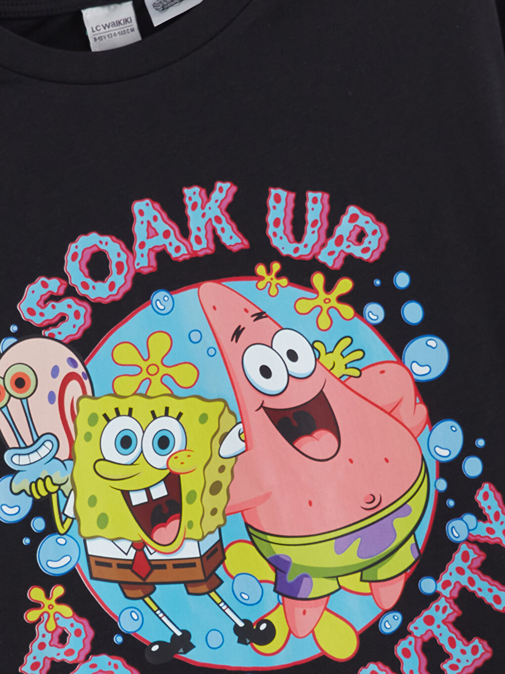 Siyah Bisiklet Yaka Sünger Bob Baskılı Kız Çocuk Tişört-1