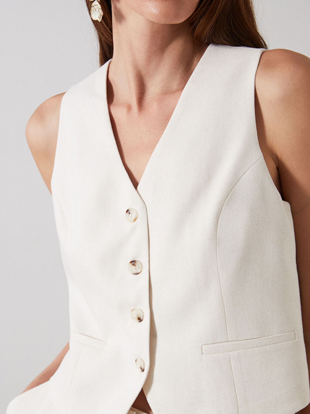 V-Neck Linen Blend Women's Classic Waistcoat-2