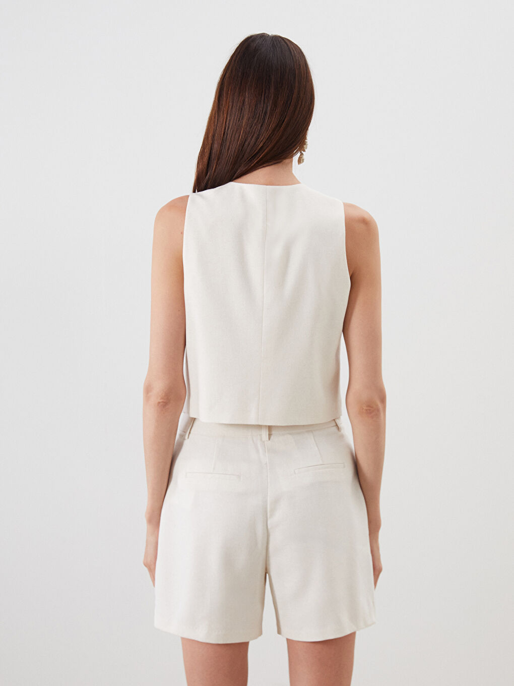 V-Neck Linen Blend Women's Classic Waistcoat-3