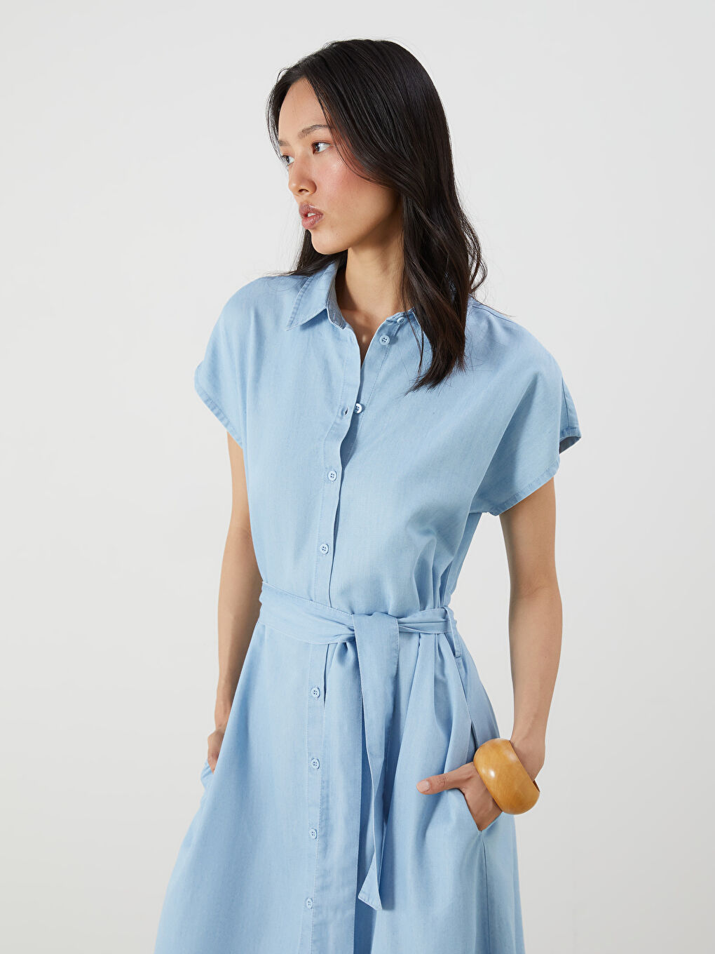 İndigo Gömlek Yaka Kuşaklı Jean Elbise-1