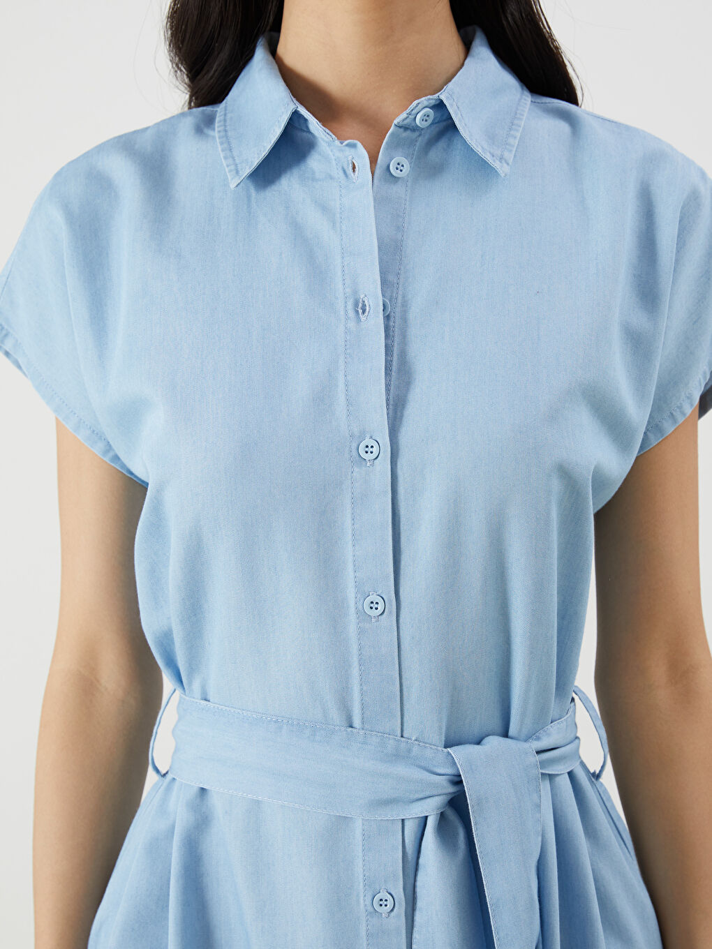 İndigo Gömlek Yaka Kuşaklı Jean Elbise-2