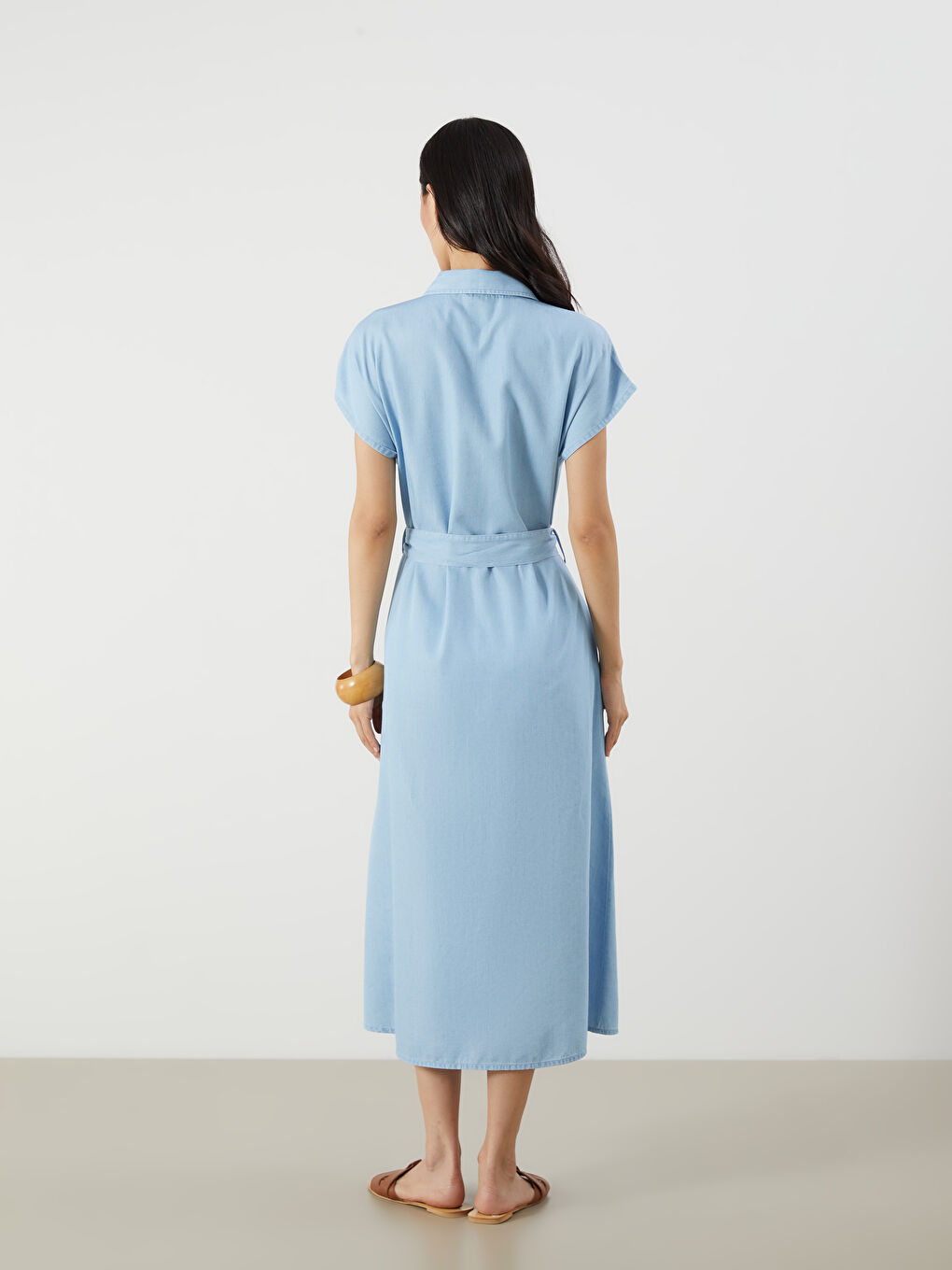 İndigo Gömlek Yaka Kuşaklı Jean Elbise-3