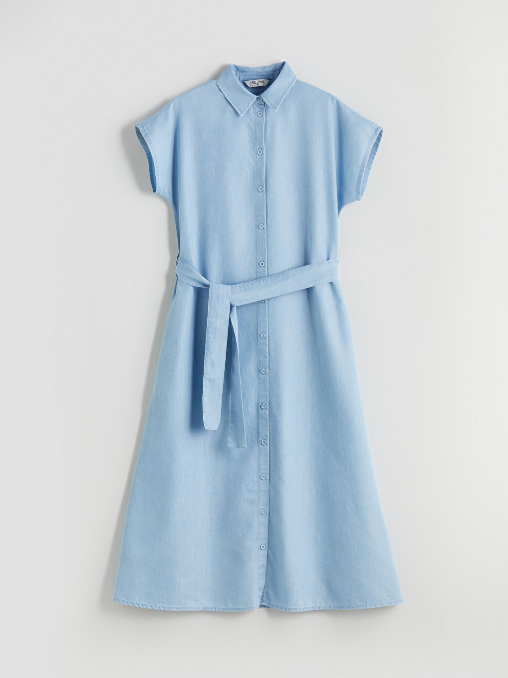 İndigo Gömlek Yaka Kuşaklı Jean Elbise-4