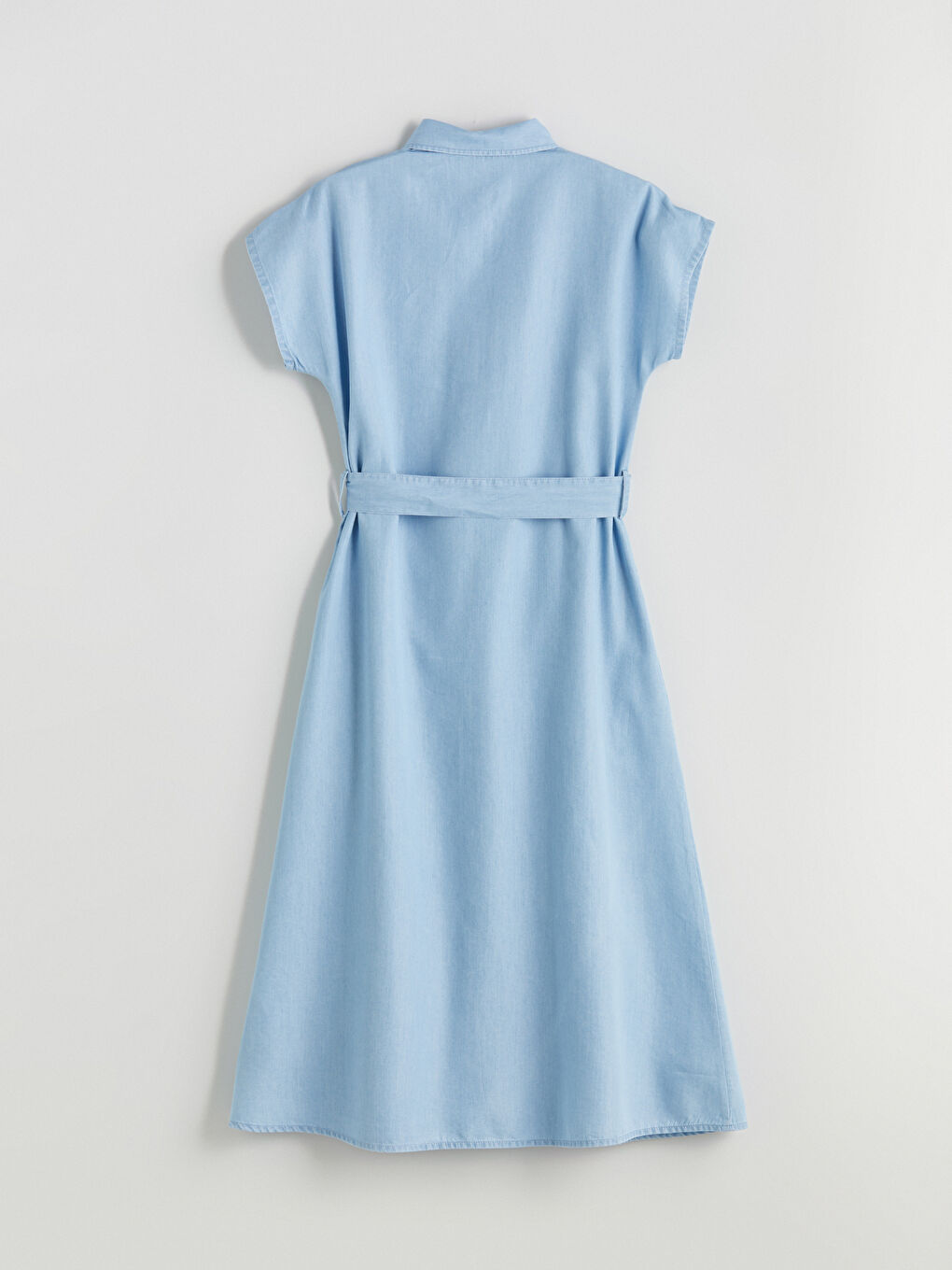 İndigo Gömlek Yaka Kuşaklı Jean Elbise-5