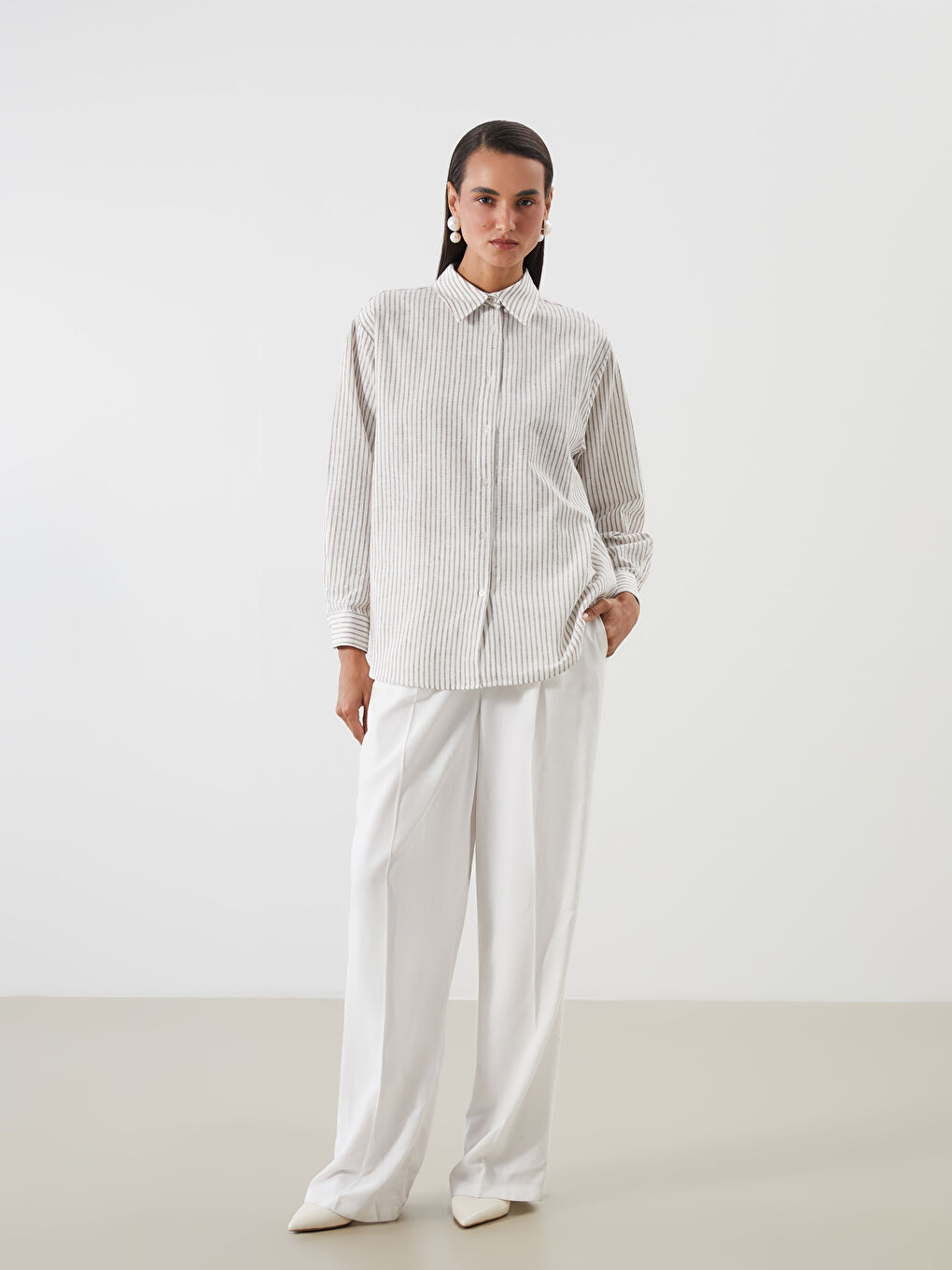 Kahverengi Çizgili Keten Karışımlı Kadın Gömlek Tunik-1