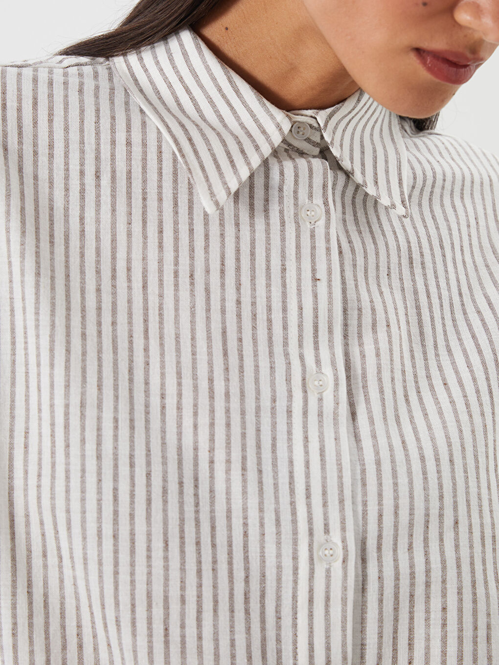 Kahverengi Çizgili Keten Karışımlı Kadın Gömlek Tunik-2