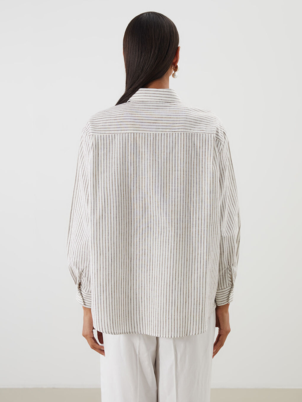 Kahverengi Çizgili Keten Karışımlı Kadın Gömlek Tunik-3