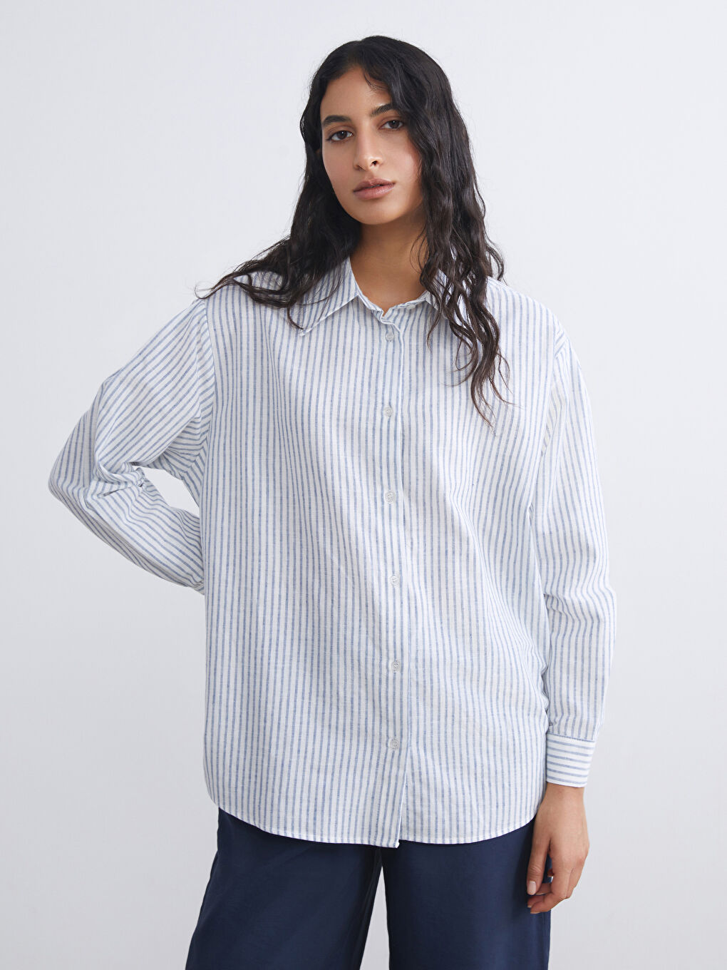 LCW Modest Striped Linen Blend Women's Shirt Tunic -S5RG08Z8-LGS