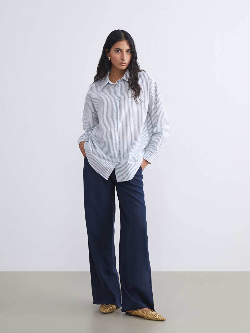 LCW Modest Striped Linen Blend Women's Shirt Tunic -S5RG08Z8-LGS
