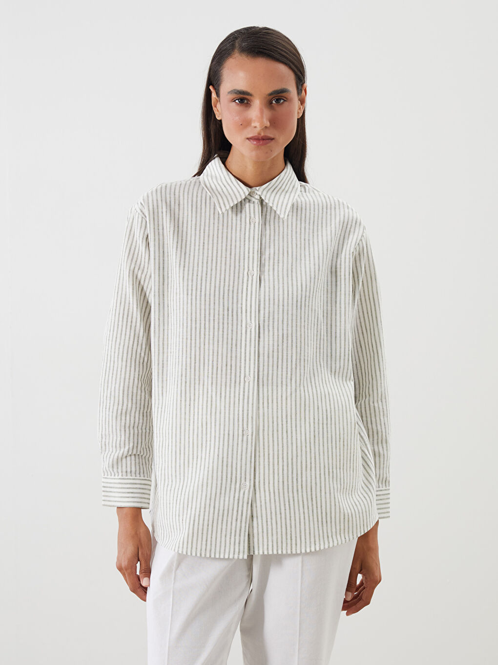LCW Modest Striped Linen Blend Women's Shirt Tunic -S5RG08Z8-LJZ