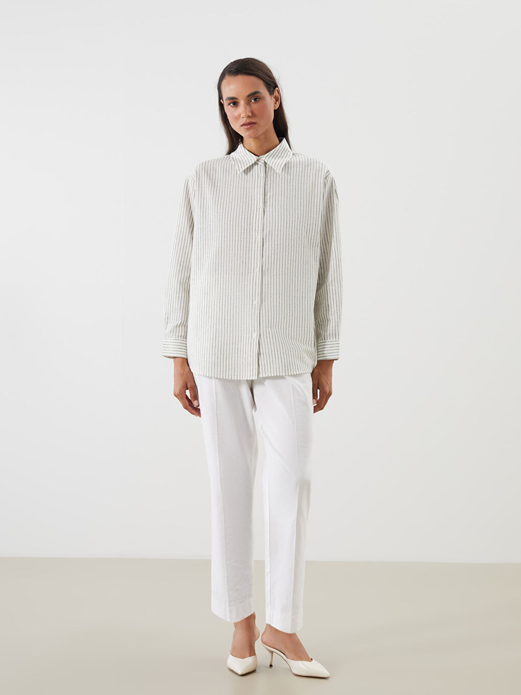 LCW Modest Striped Linen Blend Women's Shirt Tunic -S5RG08Z8-LJZ