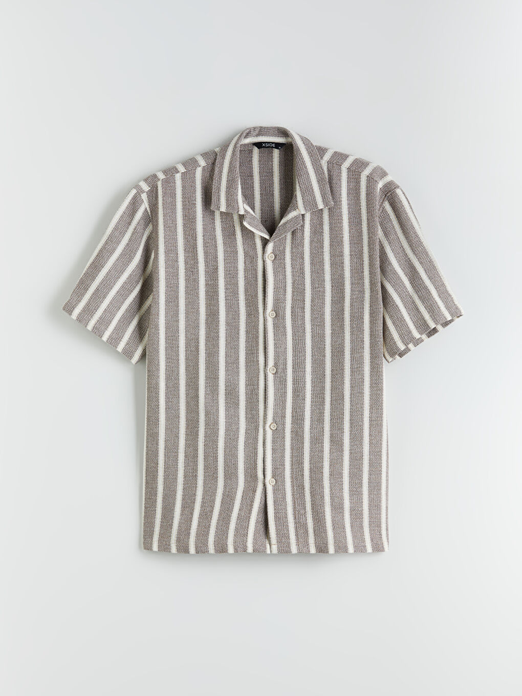 Kahverengi Rahat Kalıp Kısa Kollu Çizgili Erkek Gömlek-4