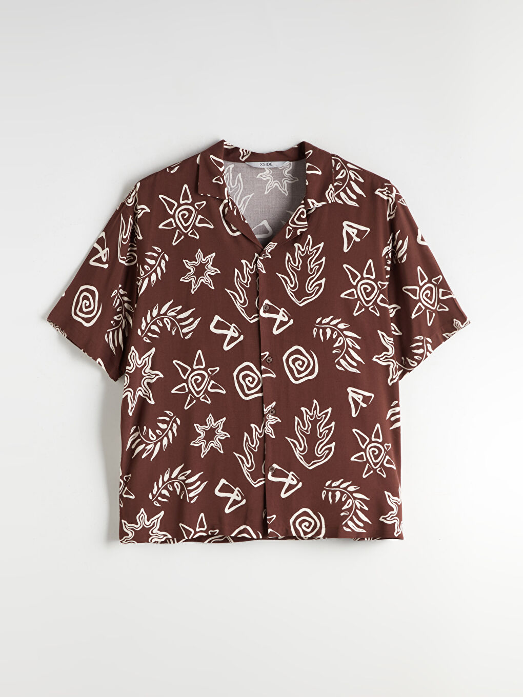Kahverengi Regular Fit Resort Yaka Kısa Kollu Desenli Viskon Erkek Gömlek-4