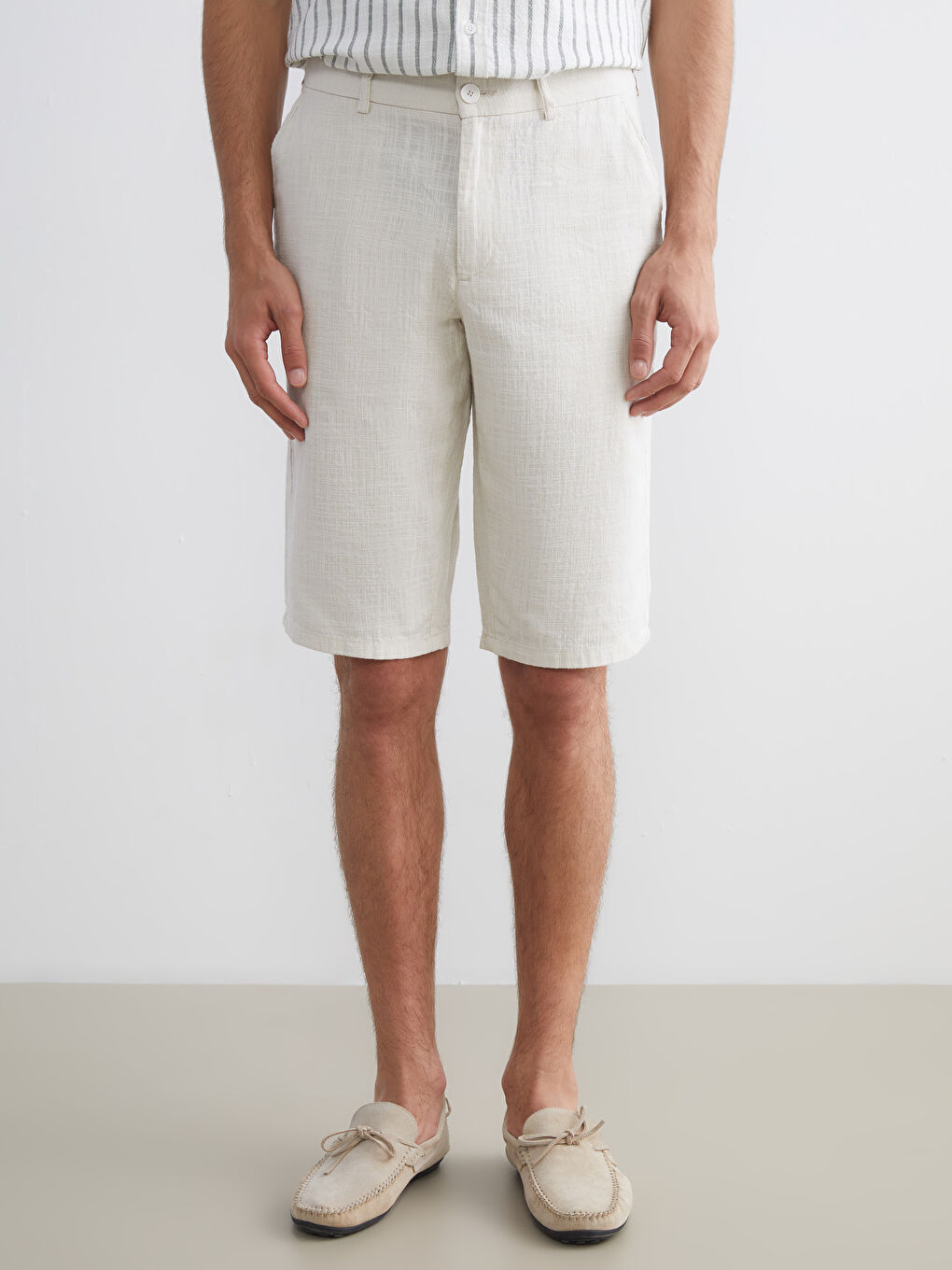 Bej Standart Kalıp Poplin Erkek Şort-2