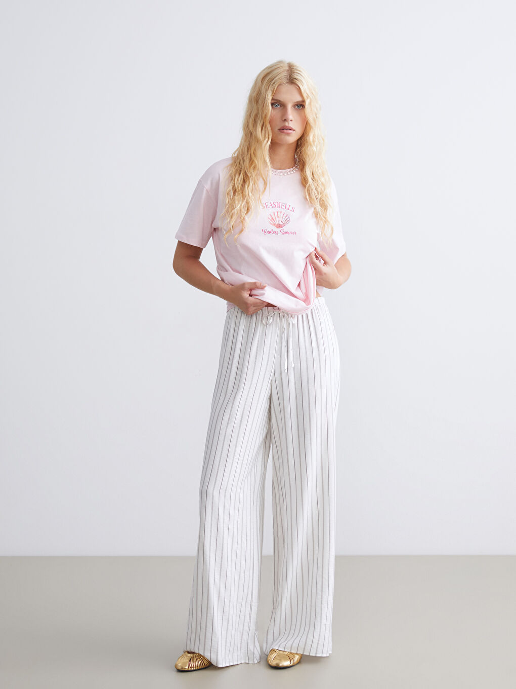 XSIDE Elasticated Waist Striped Wide Leg Women's Trousers -S5RG72Z8-LEW